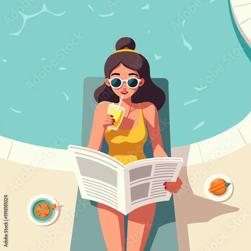 woman in yellow swimsuit reading newspaper by swimming pool, relaxing summer vacation scene with cocktail, for travel blogs and lifestyle magazines