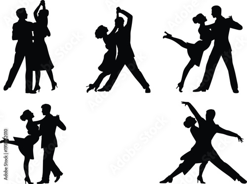 Set of elegant ballroom dancing couples silhouette, romantic tango and Latin dance poses isolated on white background vector illustration