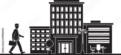 Businessman walking to office building illustration line art business city vector silhouette