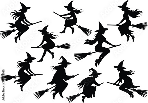 Set of flying witch silhouettes on broomstick, Halloween fantasy characters isolated on white background vector illustration collection