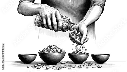 Person Seeding Four Bowls of Grains in Monochrome Detailed Illustration
