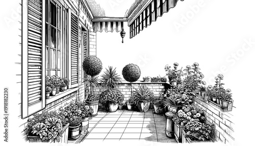 Elegant black-and-white illustration of a cozy balcony garden with potted plants, topiary trees, and decorative tiles, evoking a serene outdoor space