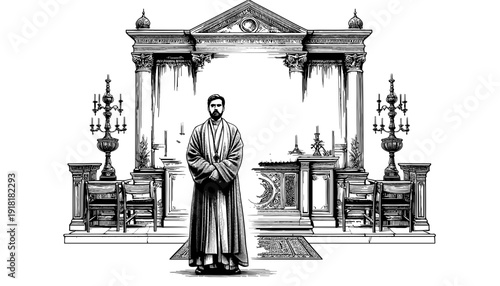 Man standing solemnly in an ornate hall