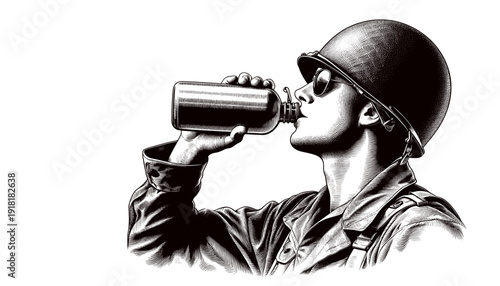Soldier drinking from canteen during wartime