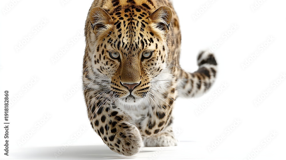 Fototapeta premium Majestic Leopard Stalking Forward with Intense Gaze on a Pristine White Background.