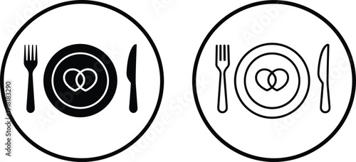 Romantic dinner plate with fork and knife, love heart symbol icon, restaurant dining concept, wedding invitation illustration