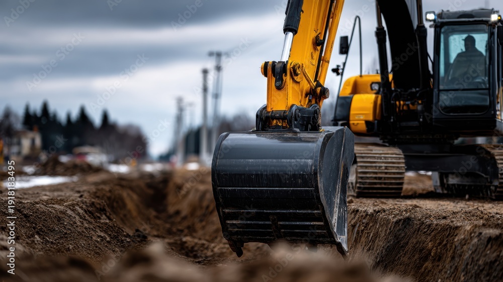 Fototapeta premium Close-up of an excavator bucket digging a trench at a construction site for underground utilities.