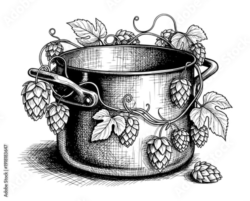 Brewing Kettle with Hops and Vines Black and White Engraving Style Illustration