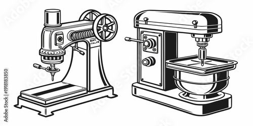 Vintage sewing machine and stand mixer illustrated in black and white