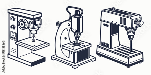 A detailed illustration of three different types of drilling machines