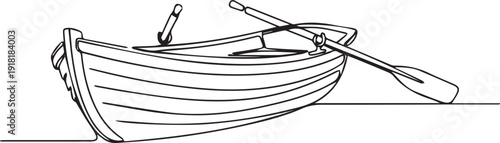 Simple line drawing of a small wooden rowboat with two oars