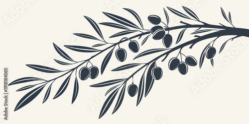 A detailed illustration of an olive branch with ripe olives