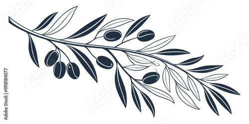 A detailed illustration of an olive branch with leaves and olives.