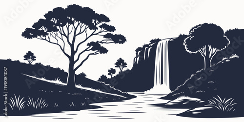A serene landscape featuring a majestic waterfall surrounded by lush greenery.