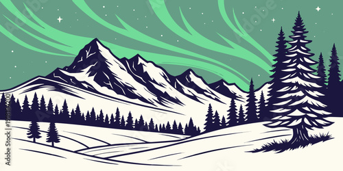 Vibrant northern lights illuminate a serene snowy mountain landscape under a starry night sky.