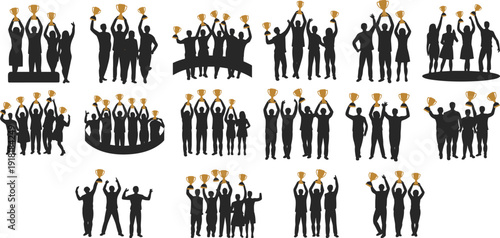 Winning team silhouettes holding trophies, business people celebrating success isolated on white background for achievement and leadership concept
