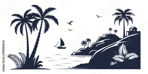 A serene tropical island scene with palm trees and a sailboat on the water.