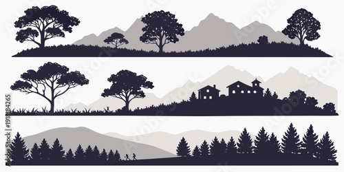 A serene landscape featuring a variety of trees and distant mountains.