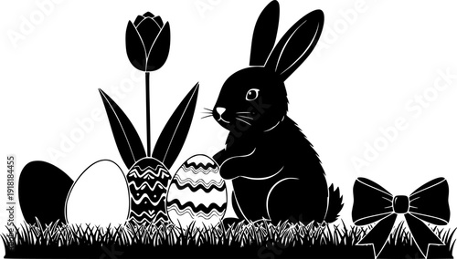 Black silhouette vector of easter bunny with plain and decorated eggs next to single tulip flower and bow ribbon on grass base in simple design
