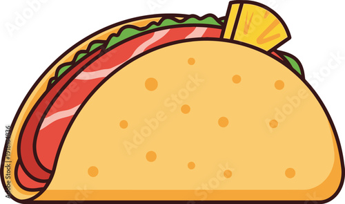 A cartoon style illustration of a taco with a yellow shell and red filling
