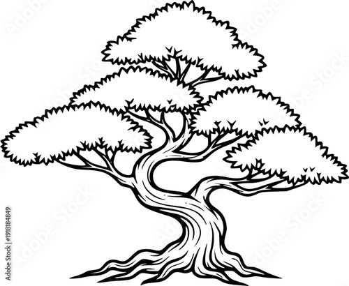 bonsai tree silhouette line art vector illustration with a white background
