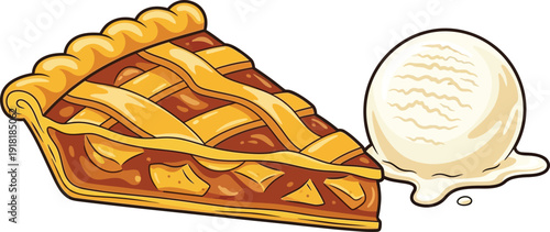 A slice of pie with a scoop of vanilla ice cream