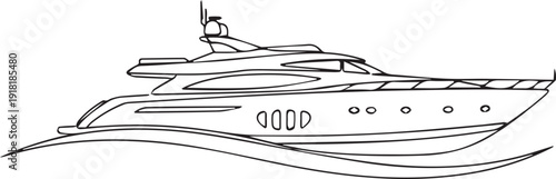 Black and white outline of a sleek modern yacht on water waves