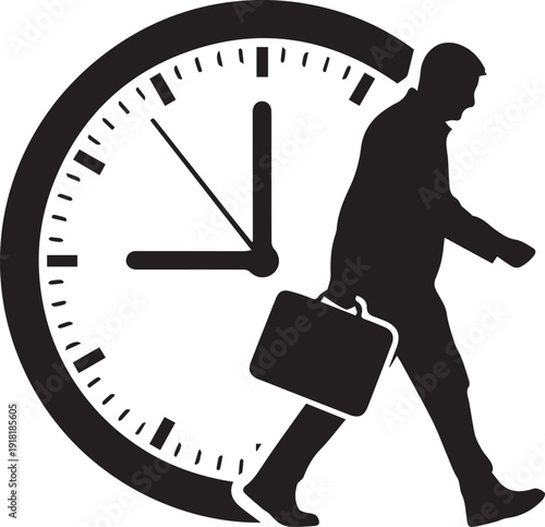 Silhouette of businessman walking with briefcase in front of clock vector illustration