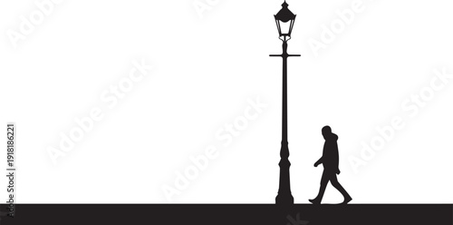 Silhouette of person walking by lamppost vector illustration