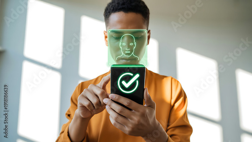 Young Man Using Facial Recognition for Secure Mobile Authentication and Digital Identity