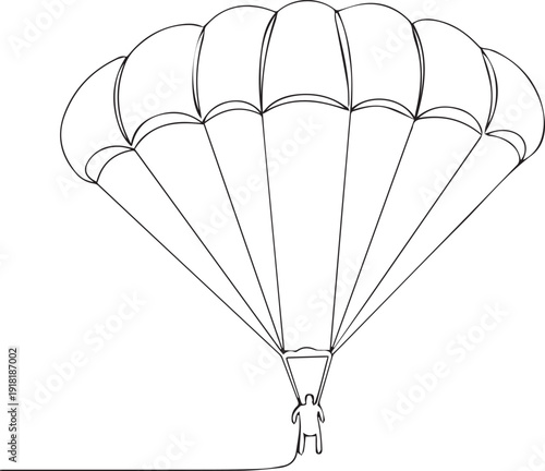 A line drawing depicting a paraglider descending with a small figure