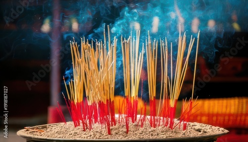 Incense sticks burning in a temple, creating smoke and ambiance.