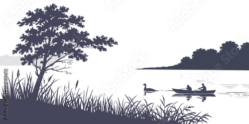 Silhouette of a serene lakeside scene with trees and a canoe at sunset.