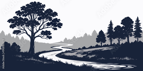 A serene landscape with a winding path leading through a forest of tall trees.