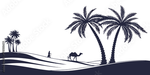 A serene desert landscape with camels and palm trees under a clear sky