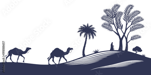 Camels walking in a desert landscape with palm trees and a person sitting nearby