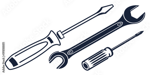 A variety of tools including a ratchet wrench, screwdriver, and hex key set.