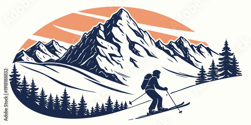 Skier navigating through a serene mountain landscape with snow-covered peaks and trees