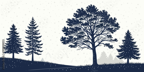 Silhouettes of trees against a sunset sky in a serene landscape