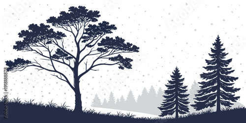 Silhouettes of trees against a snowy mountain landscape at dusk