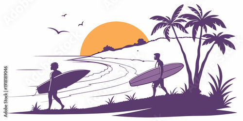 Three surfers prepare to ride the waves under a setting sun