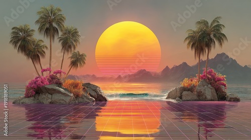 Dreamy tropical sunset over calm ocean, palm trees on rocky islands, vaporwave style