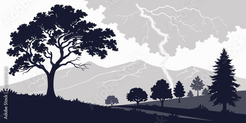 Silhouette of trees against a starry night sky with a distant mountain range