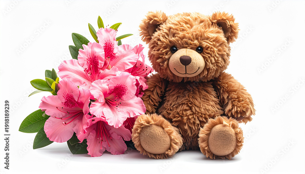 Obraz premium A brown teddy bear sitting beside a bouquet of pink flowers viewed from the front in a close-up shot