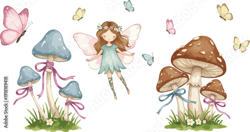 Whimsical fairy standing among colorful mushrooms and fluttering butterflies in a magical forest scene