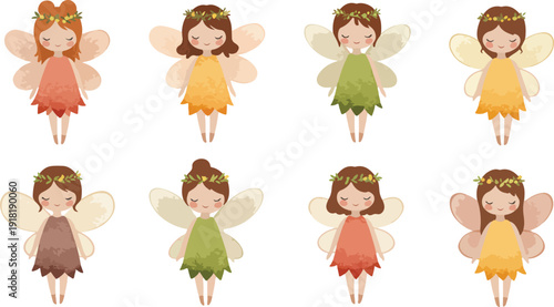 Eight cute cartoon fairies in various colorful dresses standing in two rows