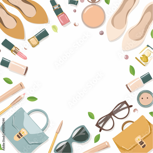 Fashion accessories and cosmetics arranged in a decorative frame.