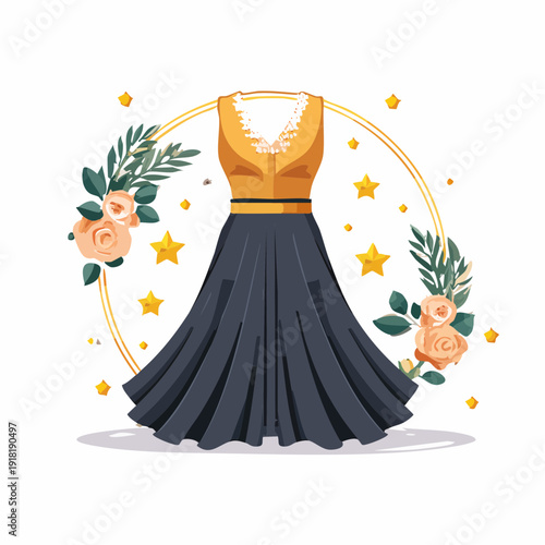 Elegant black and gold dress illustration with floral decorations.
