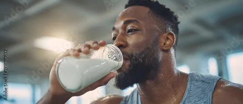 Panel kuchenny z motywem A sweaty man drinks milk from a bottle after a workout