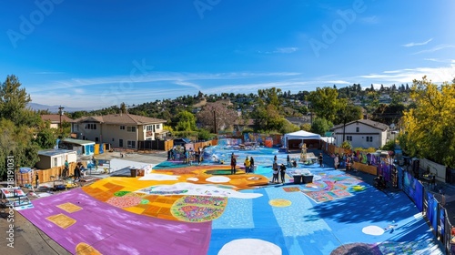 A vibrant community mural project unfolds outdoors on a sunny day, showcasing collaborative art and community engagement with houses and trees visible in the background.